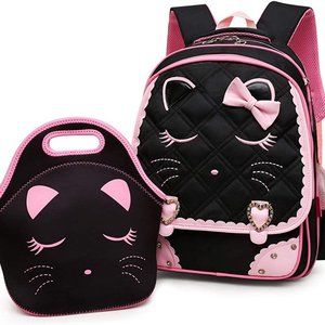 * New Cute Cat Face Bow Diamond Bling Waterproof Pink School Backpack Girls Book